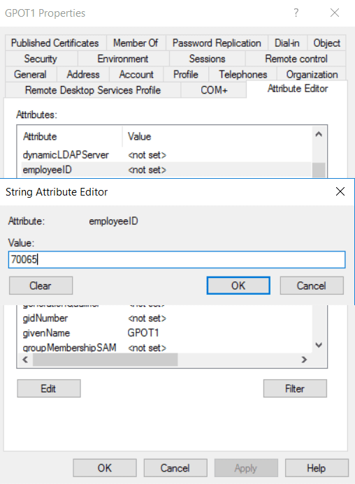 The AD Attribute Editor showing the employeeID field edited for a user object in the String Attribute Editor.
