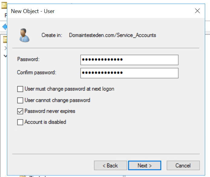 Password settings of the service account
