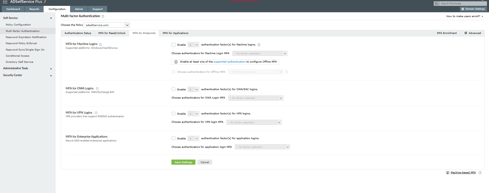 Endpoint MFA configuration in ADSelfService Plus.