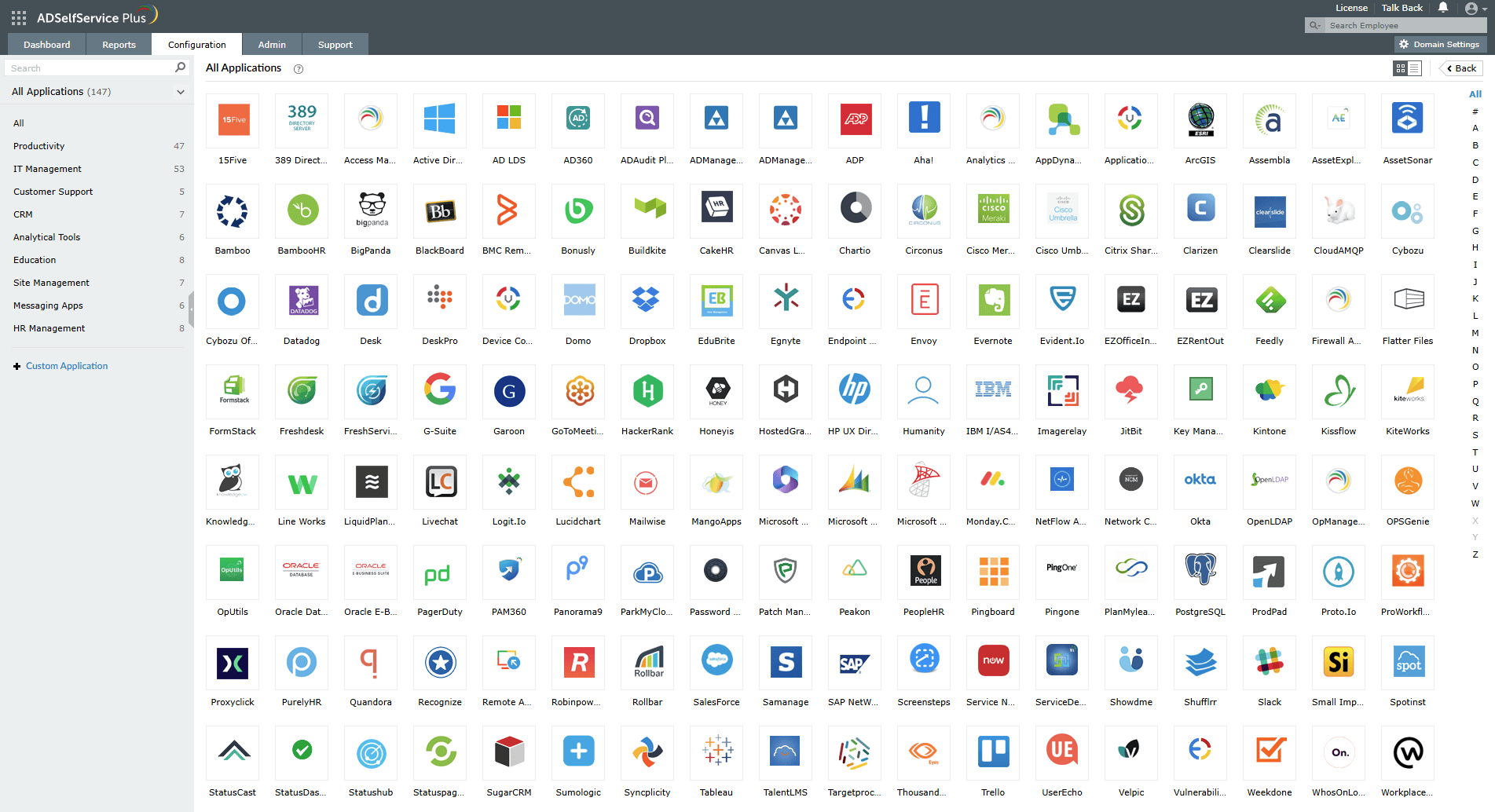 Pre-configured SSO applications in ADSelfService Plus.