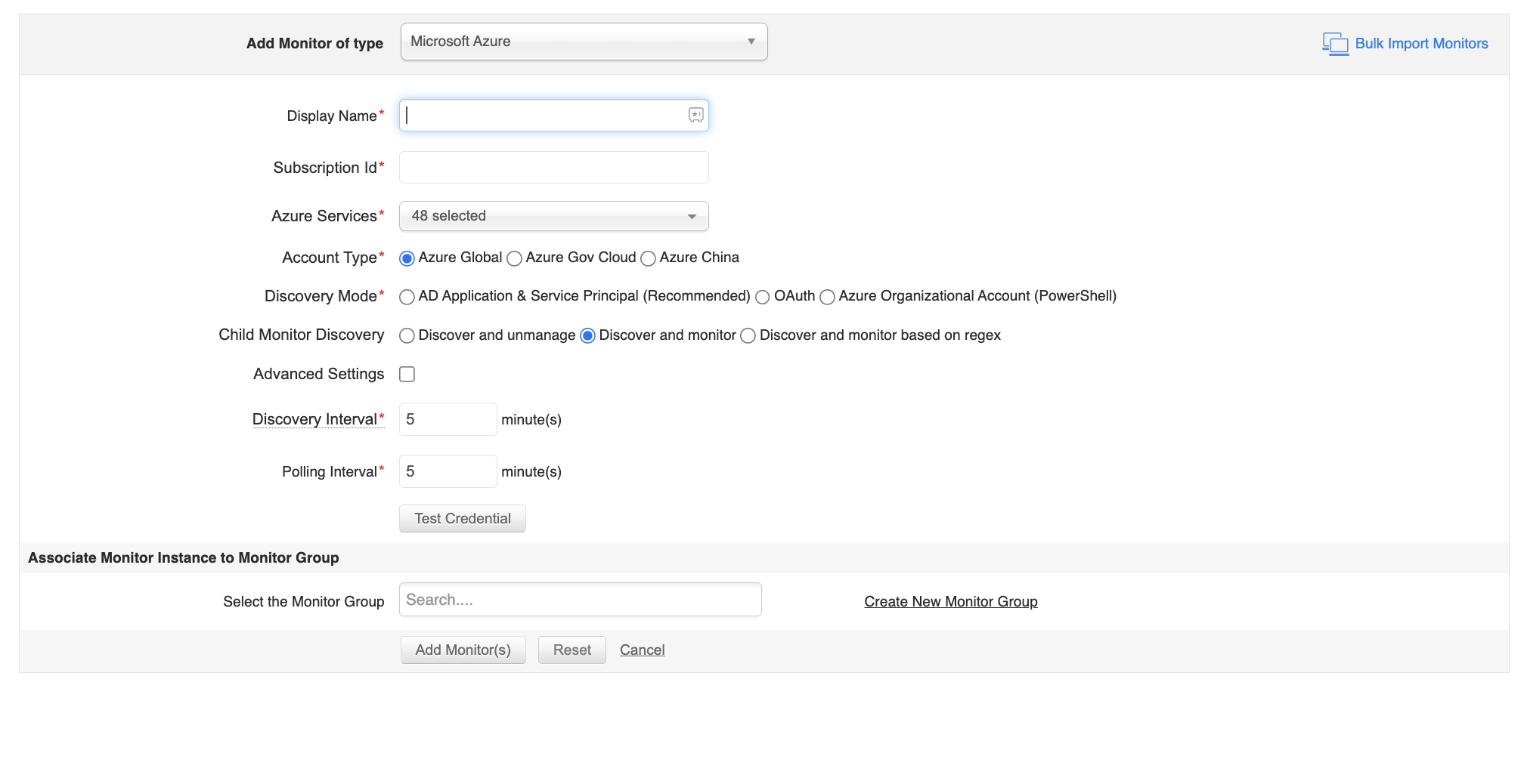 Adding a new Azure monitor in Applications Manager